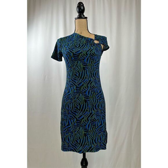 Michael Kors Women’s Blue Unlined Pullover O-Ring Detail Printed Short Sleeve As - Picture 1 of 10